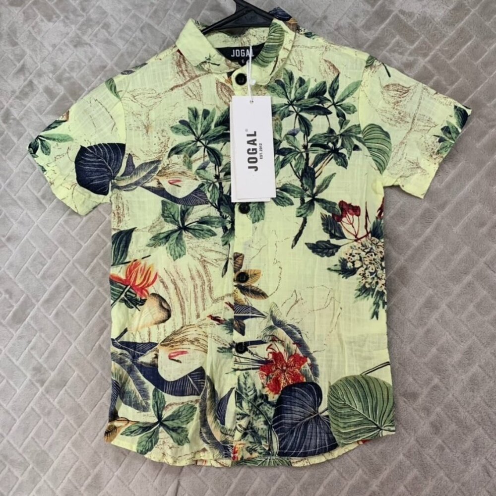 Jogal Casual Button Up Shirt Boys 6 Palm Print Short Sleeve Island Aloha Vacay